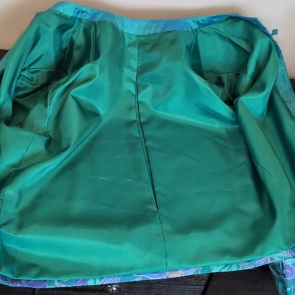 Vintage 80s Asian Blazer Jacket Satin Floral Frog Button Mandarin Collar Teal - Picture 9 of 10